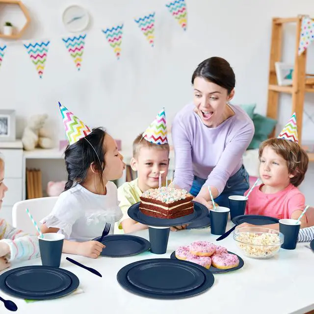 Alt view image 4 of 6 - 228PCS Navy Blue Party Supplies Set for 30 Guests Paper Plates Set | Include Paper Plates Cups Paper Napkins Plastic Spoons Forks Knives Disposable Party Dinnerware for Birthday Wedding Picnic