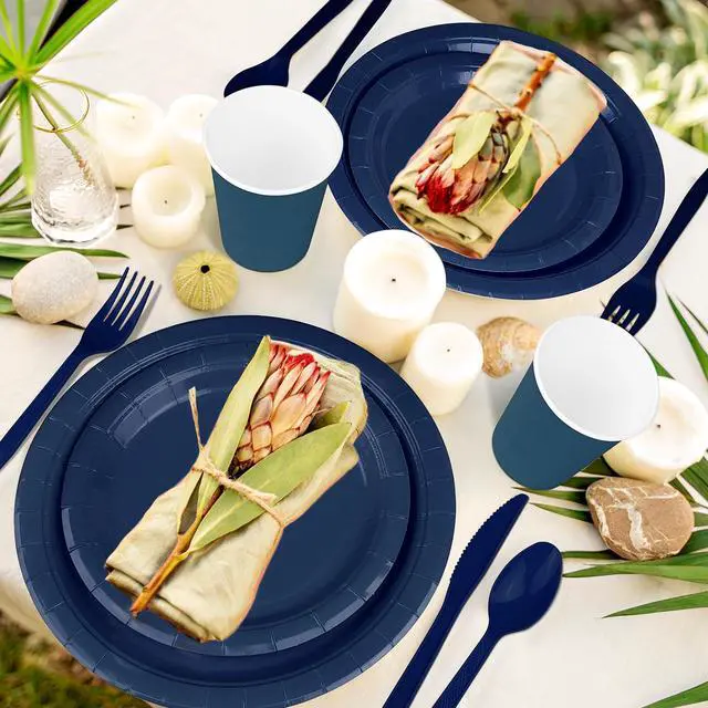 Alt view image 5 of 6 - 228PCS Navy Blue Party Supplies Set for 30 Guests Paper Plates Set | Include Paper Plates Cups Paper Napkins Plastic Spoons Forks Knives Disposable Party Dinnerware for Birthday Wedding Picnic