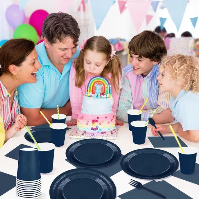 Alt view image 6 of 6 - 228PCS Navy Blue Party Supplies Set for 30 Guests Paper Plates Set | Include Paper Plates Cups Paper Napkins Plastic Spoons Forks Knives Disposable Party Dinnerware for Birthday Wedding Picnic