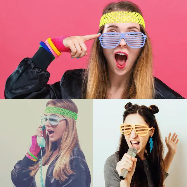 Alt view image 3 of 7 - 80s 90s Party Favors Birthday Supplies, Hip Hop Theme Gift Neon Earrings Glasses Gloves Necklace Slap Bracelet Neon Hair Scrunchies 80s 90s Party Decorations