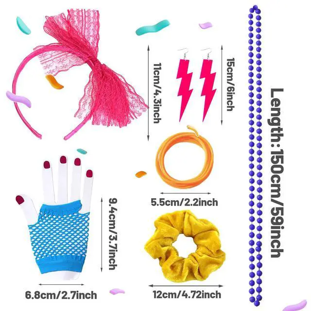 Alt view image 2 of 7 - 80s 90s Party Favors Birthday Supplies, Hip Hop Theme Gift Neon Earrings Glasses Gloves Necklace Slap Bracelet Neon Hair Scrunchies 80s 90s Party Decorations