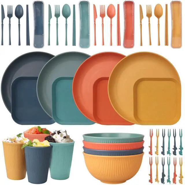 Main image of 48 Pcs Dinnerware Sets, Unbreakable Plates and Bowls Sets, Reusable Dinnerware Sets for 4 People, Travel Camping Picnic Home Party Cutlery Set, Dishwasher Microwave Safe Dishes