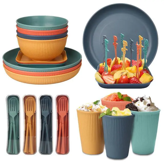 Alt view image 4 of 7 - 48 Pcs Dinnerware Sets, Unbreakable Plates and Bowls Sets, Reusable Dinnerware Sets for 4 People, Travel Camping Picnic Home Party Cutlery Set, Dishwasher Microwave Safe Dishes