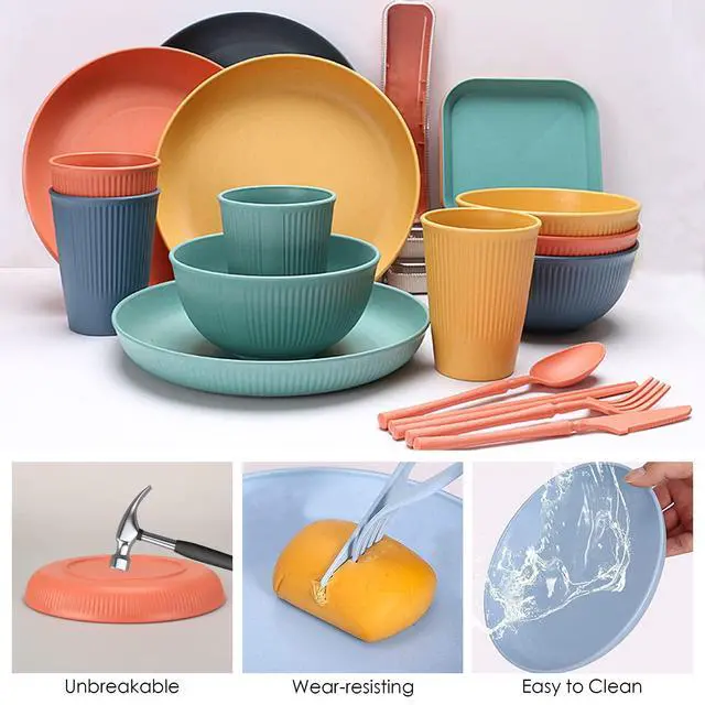 Alt view image 6 of 7 - 48 Pcs Dinnerware Sets, Unbreakable Plates and Bowls Sets, Reusable Dinnerware Sets for 4 People, Travel Camping Picnic Home Party Cutlery Set, Dishwasher Microwave Safe Dishes
