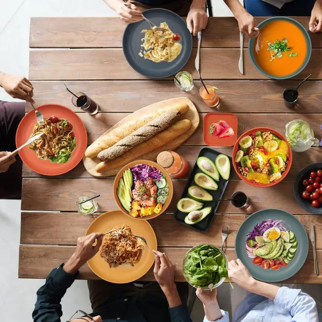 Alt view image 7 of 7 - 48 Pcs Dinnerware Sets, Unbreakable Plates and Bowls Sets, Reusable Dinnerware Sets for 4 People, Travel Camping Picnic Home Party Cutlery Set, Dishwasher Microwave Safe Dishes
