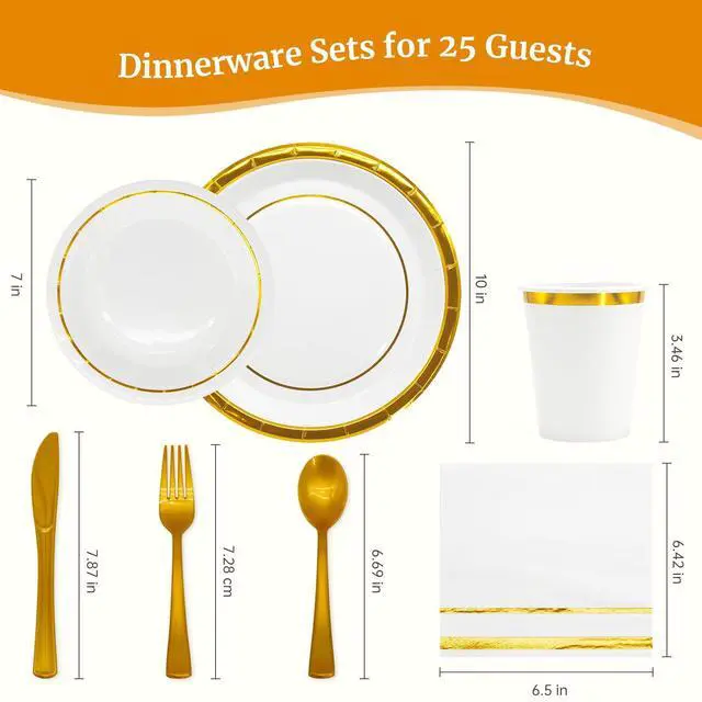 Alt view image 2 of 6 - Gold White Paper Plates Set, 175PCS Disposable Tableware for 25 | Thick food-grade paper,ideal for elegant weddings birthday graduations,leakproof heavy-duty,eco-friendly party supplies
