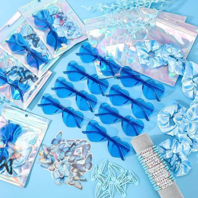 Alt view image 3 of 6 - 134 Pcs Kpop Disco Party Favors, Friendship Gift Set, Heart, Blue | Bracelets, Heart Sunglasses, Scrunchies, Clips, Stickers, Gift Bags, Party Favor Accessories for Birthdays and Y2k Fans