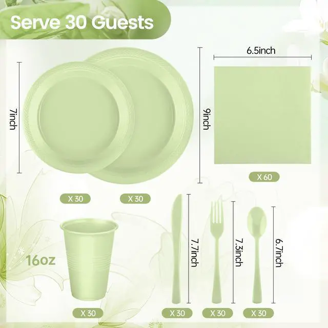 Alt view image 2 of 7 - 240 Pieces Sage Green Plastic Dinnerware Set Disposable Heavy Duty Plates Napkins Cups Silverware Dessert Dinner Plates for Birthday Wedding Baby Shower Party Supplies, Serves 30 Guests