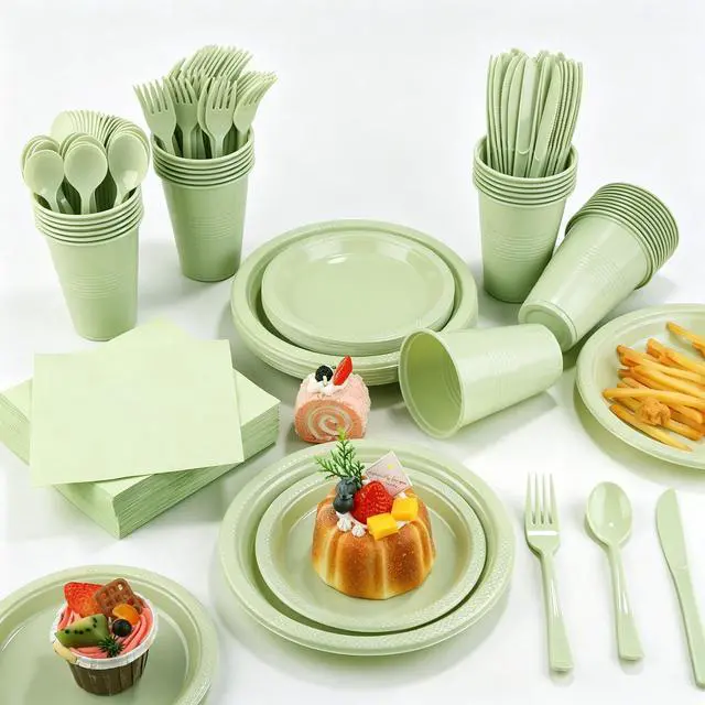 Main image of 240 Pieces Sage Green Plastic Dinnerware Set Disposable Heavy Duty Plates Napkins Cups Silverware Dessert Dinner Plates for Birthday Wedding Baby Shower Party Supplies, Serves 30 Guests