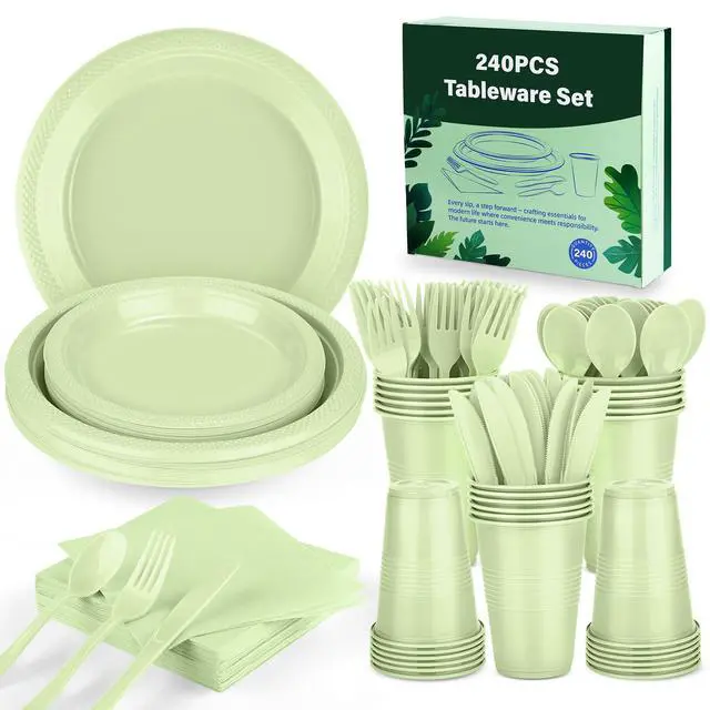 Alt view image 4 of 7 - 240 Pieces Sage Green Plastic Dinnerware Set Disposable Heavy Duty Plates Napkins Cups Silverware Dessert Dinner Plates for Birthday Wedding Baby Shower Party Supplies, Serves 30 Guests