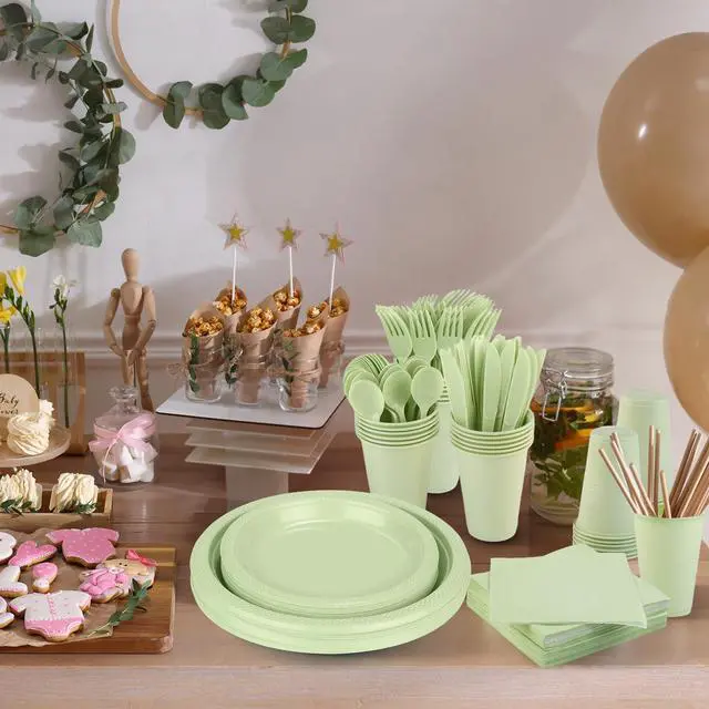 Alt view image 5 of 7 - 240 Pieces Sage Green Plastic Dinnerware Set Disposable Heavy Duty Plates Napkins Cups Silverware Dessert Dinner Plates for Birthday Wedding Baby Shower Party Supplies, Serves 30 Guests
