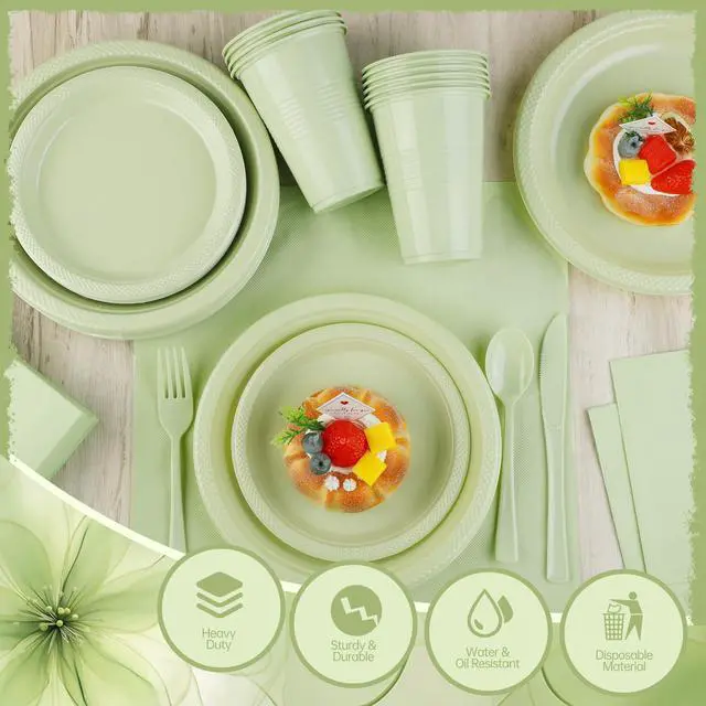 Alt view image 3 of 7 - 240 Pieces Sage Green Plastic Dinnerware Set Disposable Heavy Duty Plates Napkins Cups Silverware Dessert Dinner Plates for Birthday Wedding Baby Shower Party Supplies, Serves 30 Guests