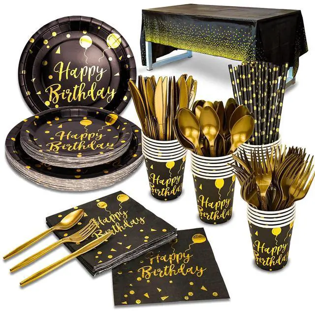 Main image of Disposable Party Dinnerware Set &Disposable Birthday Party Dinnerware Paper Plates Napkins Cups, Gold Plastic Forks Knives Spoons (Black/Gold)