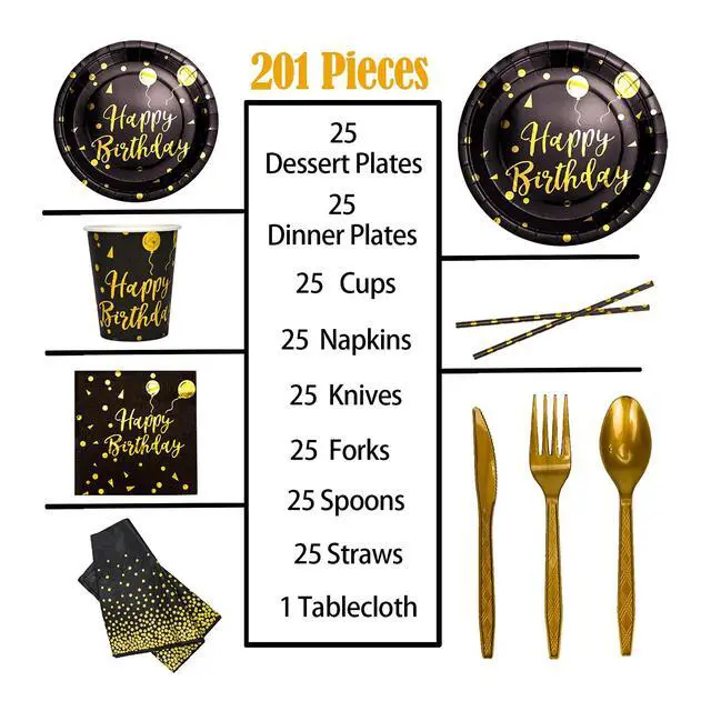 Alt view image 2 of 7 - Disposable Party Dinnerware Set &Disposable Birthday Party Dinnerware Paper Plates Napkins Cups, Gold Plastic Forks Knives Spoons (Black/Gold)