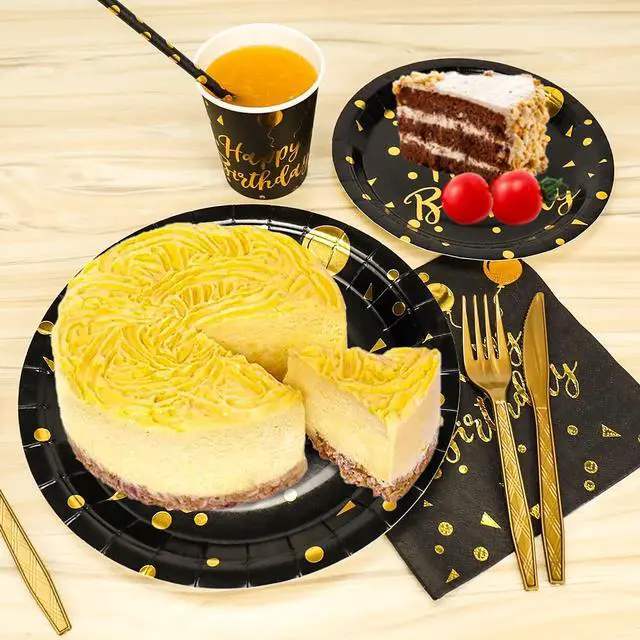 Alt view image 3 of 7 - Disposable Party Dinnerware Set &Disposable Birthday Party Dinnerware Paper Plates Napkins Cups, Gold Plastic Forks Knives Spoons (Black/Gold)