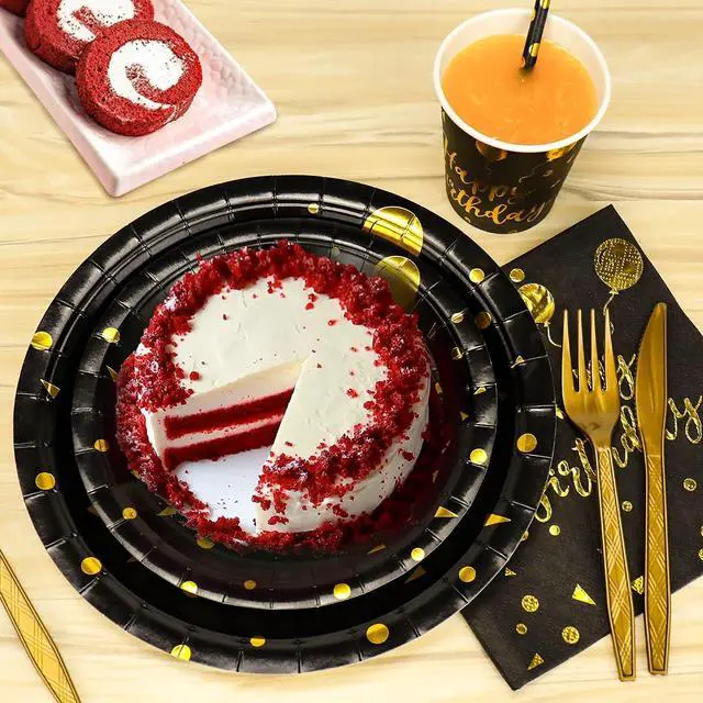 Alt view image 4 of 7 - Disposable Party Dinnerware Set &Disposable Birthday Party Dinnerware Paper Plates Napkins Cups, Gold Plastic Forks Knives Spoons (Black/Gold)