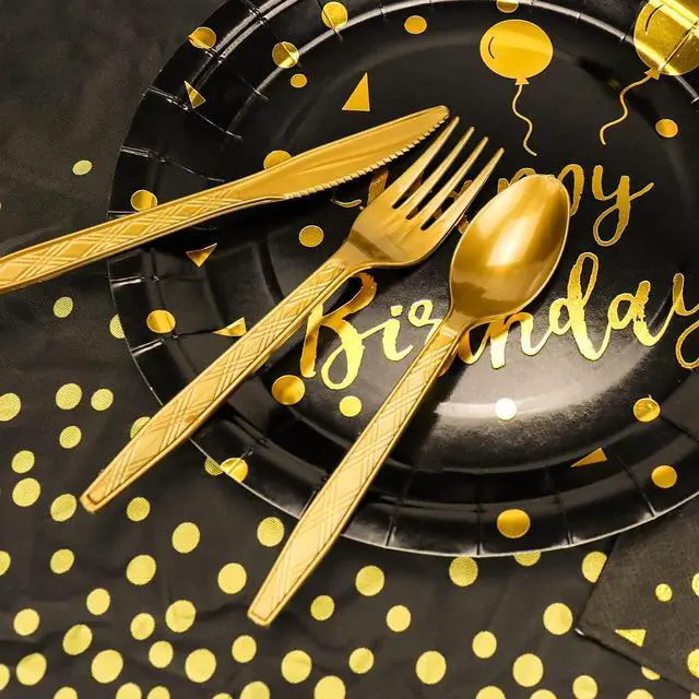 Alt view image 5 of 7 - Disposable Party Dinnerware Set &Disposable Birthday Party Dinnerware Paper Plates Napkins Cups, Gold Plastic Forks Knives Spoons (Black/Gold)