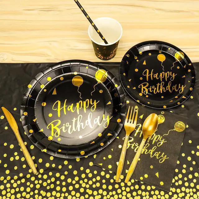 Alt view image 6 of 7 - Disposable Party Dinnerware Set &Disposable Birthday Party Dinnerware Paper Plates Napkins Cups, Gold Plastic Forks Knives Spoons (Black/Gold)