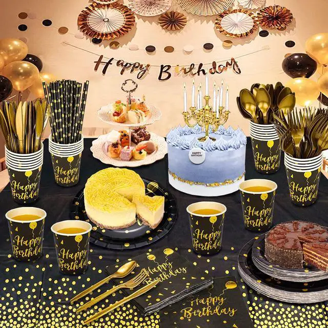 Alt view image 7 of 7 - Disposable Party Dinnerware Set &Disposable Birthday Party Dinnerware Paper Plates Napkins Cups, Gold Plastic Forks Knives Spoons (Black/Gold)