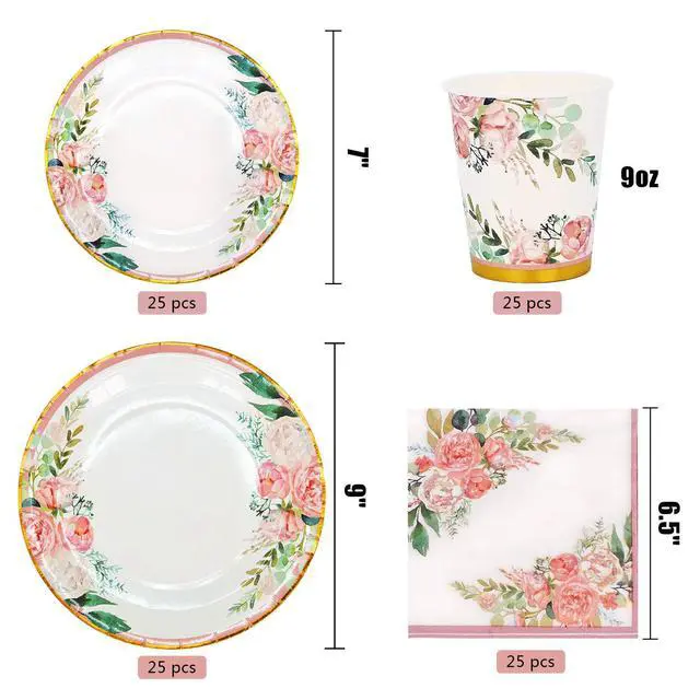 Alt view image 3 of 7 - Floral Party Supplies paper plates and Napkins Sets for 24 Guest-Include Floral Disposable Paper Plates,Cups,Napkin forr Bridal Shower,Birthday,Wedding,Bachelorette party Supplies