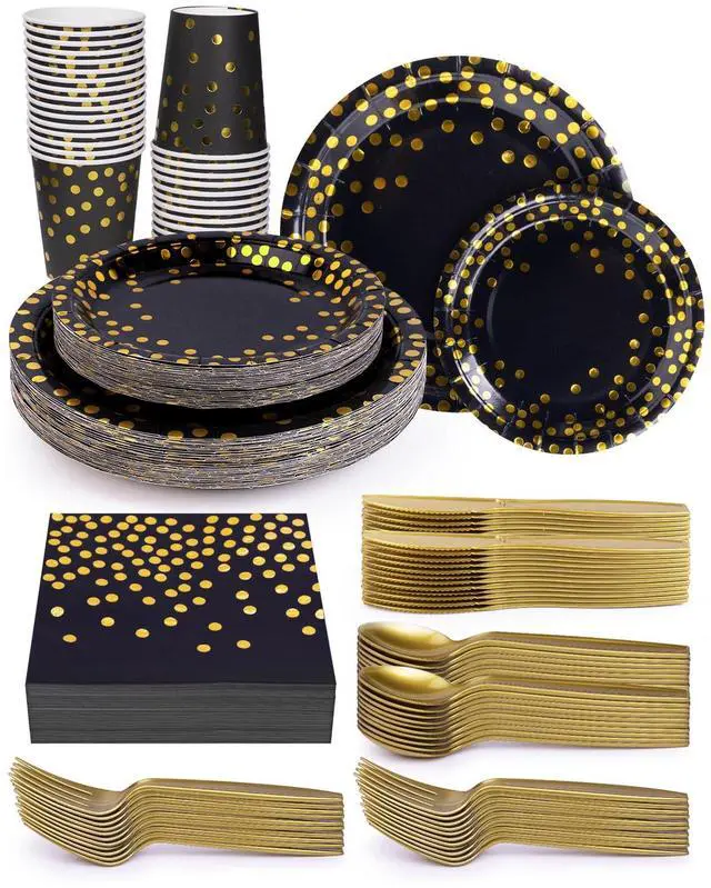 Main image of 224 Pieces Party Supplies, Black and Gold Party Plates Cups and Napkins Sets with Plastic Knives forks spoons, Disposable Tableware Serves 32 Sets for Wedding, Birthday, Graduation, Festivals
