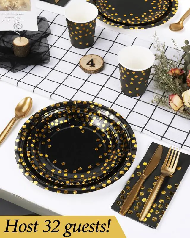 Alt view image 2 of 7 - 224 Pieces Party Supplies, Black and Gold Party Plates Cups and Napkins Sets with Plastic Knives forks spoons, Disposable Tableware Serves 32 Sets for Wedding, Birthday, Graduation, Festivals