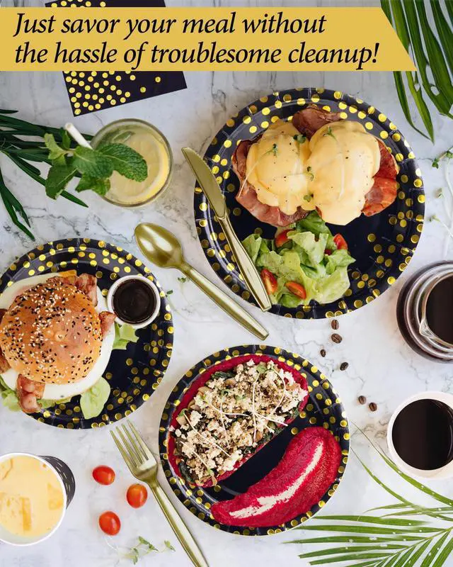 Alt view image 3 of 7 - 224 Pieces Party Supplies, Black and Gold Party Plates Cups and Napkins Sets with Plastic Knives forks spoons, Disposable Tableware Serves 32 Sets for Wedding, Birthday, Graduation, Festivals