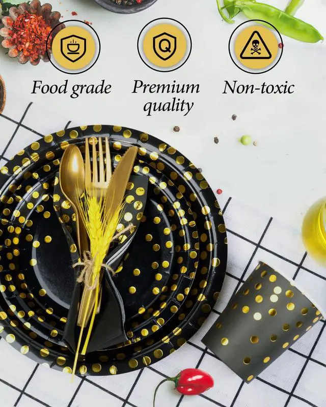 Alt view image 4 of 7 - 224 Pieces Party Supplies, Black and Gold Party Plates Cups and Napkins Sets with Plastic Knives forks spoons, Disposable Tableware Serves 32 Sets for Wedding, Birthday, Graduation, Festivals