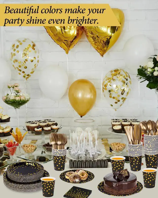 Alt view image 6 of 7 - 224 Pieces Party Supplies, Black and Gold Party Plates Cups and Napkins Sets with Plastic Knives forks spoons, Disposable Tableware Serves 32 Sets for Wedding, Birthday, Graduation, Festivals