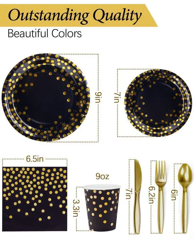 Alt view image 7 of 7 - 224 Pieces Party Supplies, Black and Gold Party Plates Cups and Napkins Sets with Plastic Knives forks spoons, Disposable Tableware Serves 32 Sets for Wedding, Birthday, Graduation, Festivals