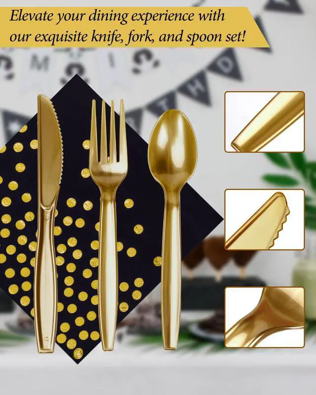 Alt view image 5 of 7 - 224 Pieces Party Supplies, Black and Gold Party Plates Cups and Napkins Sets with Plastic Knives forks spoons, Disposable Tableware Serves 32 Sets for Wedding, Birthday, Graduation, Festivals