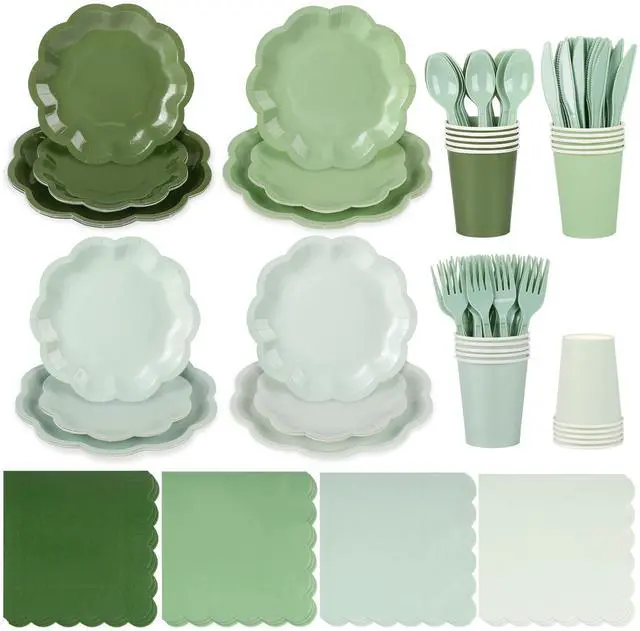 Main image of 168 Pcs Sage Green Scalloped Paper Plates and Napkins for 24 Guests | Gradient Green, 4 Colors, Disposable Tableware Party Supplies Set for Baby Shower Wedding Birthday Garden Tea Party