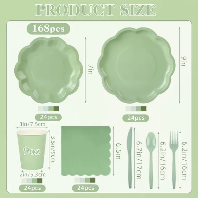 Alt view image 2 of 7 - 168 Pcs Sage Green Scalloped Paper Plates and Napkins for 24 Guests | Gradient Green, 4 Colors, Disposable Tableware Party Supplies Set for Baby Shower Wedding Birthday Garden Tea Party