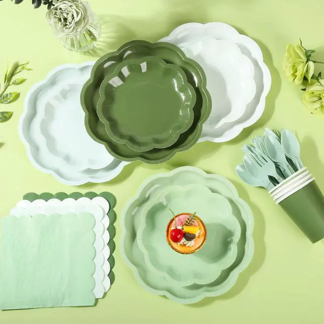 Alt view image 3 of 7 - 168 Pcs Sage Green Scalloped Paper Plates and Napkins for 24 Guests | Gradient Green, 4 Colors, Disposable Tableware Party Supplies Set for Baby Shower Wedding Birthday Garden Tea Party