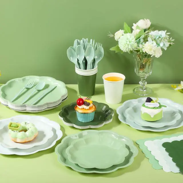 Alt view image 4 of 7 - 168 Pcs Sage Green Scalloped Paper Plates and Napkins for 24 Guests | Gradient Green, 4 Colors, Disposable Tableware Party Supplies Set for Baby Shower Wedding Birthday Garden Tea Party