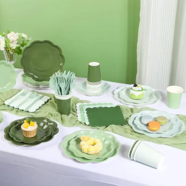 Alt view image 5 of 7 - 168 Pcs Sage Green Scalloped Paper Plates and Napkins for 24 Guests | Gradient Green, 4 Colors, Disposable Tableware Party Supplies Set for Baby Shower Wedding Birthday Garden Tea Party