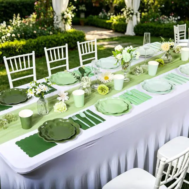 Alt view image 6 of 7 - 168 Pcs Sage Green Scalloped Paper Plates and Napkins for 24 Guests | Gradient Green, 4 Colors, Disposable Tableware Party Supplies Set for Baby Shower Wedding Birthday Garden Tea Party