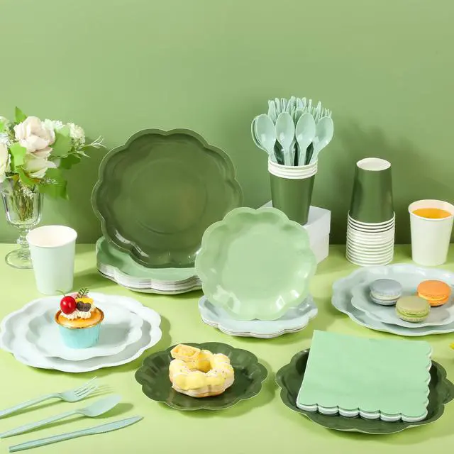 Alt view image 7 of 7 - 168 Pcs Sage Green Scalloped Paper Plates and Napkins for 24 Guests | Gradient Green, 4 Colors, Disposable Tableware Party Supplies Set for Baby Shower Wedding Birthday Garden Tea Party