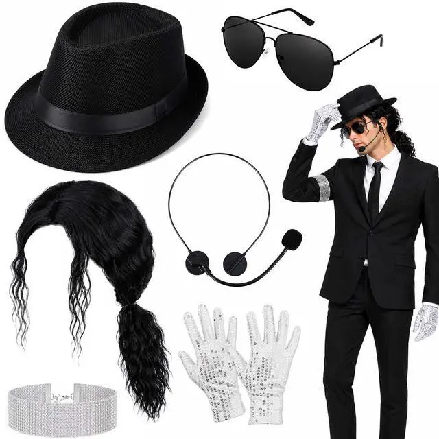 Main image of 6 Pcs Pop Star Costume Accessories for Adults 80s 90s Rock Superstar Outfit with Black Fedora Hat Wig Sequin Gloves Sunglasses Headset Mic Armband Set for Halloween Party Fancy Dress