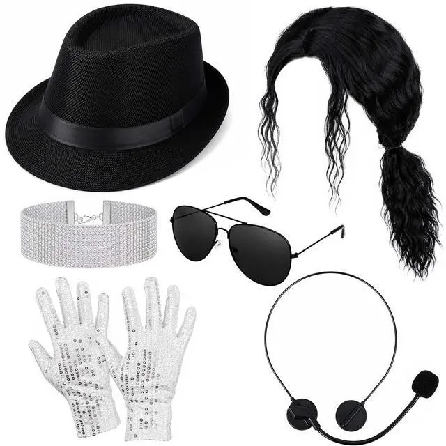 Alt view image 2 of 7 - 6 Pcs Pop Star Costume Accessories for Adults 80s 90s Rock Superstar Outfit with Black Fedora Hat Wig Sequin Gloves Sunglasses Headset Mic Armband Set for Halloween Party Fancy Dress