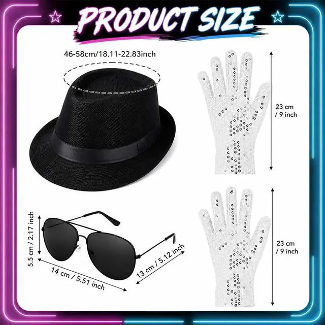Alt view image 4 of 7 - 6 Pcs Pop Star Costume Accessories for Adults 80s 90s Rock Superstar Outfit with Black Fedora Hat Wig Sequin Gloves Sunglasses Headset Mic Armband Set for Halloween Party Fancy Dress