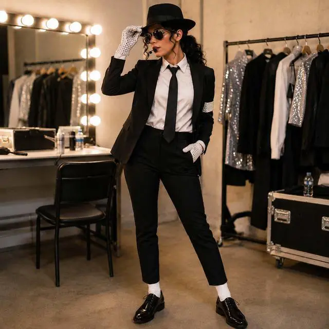 Alt view image 6 of 7 - 6 Pcs Pop Star Costume Accessories for Adults 80s 90s Rock Superstar Outfit with Black Fedora Hat Wig Sequin Gloves Sunglasses Headset Mic Armband Set for Halloween Party Fancy Dress