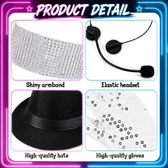 Alt view image 5 of 7 - 6 Pcs Pop Star Costume Accessories for Adults 80s 90s Rock Superstar Outfit with Black Fedora Hat Wig Sequin Gloves Sunglasses Headset Mic Armband Set for Halloween Party Fancy Dress