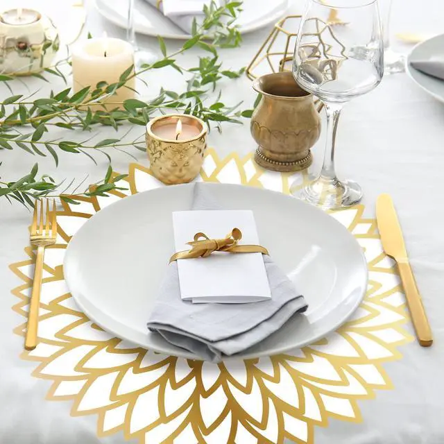 Alt view image 4 of 6 - 100 Pcs Disposable Paper Placemats Bulk,Gold,Gradient | Paper Charger Place Mat Party Charger Plates Table Place Mats for Dinner Wedding Birthday Baby Shower Spring Dining Tableware
