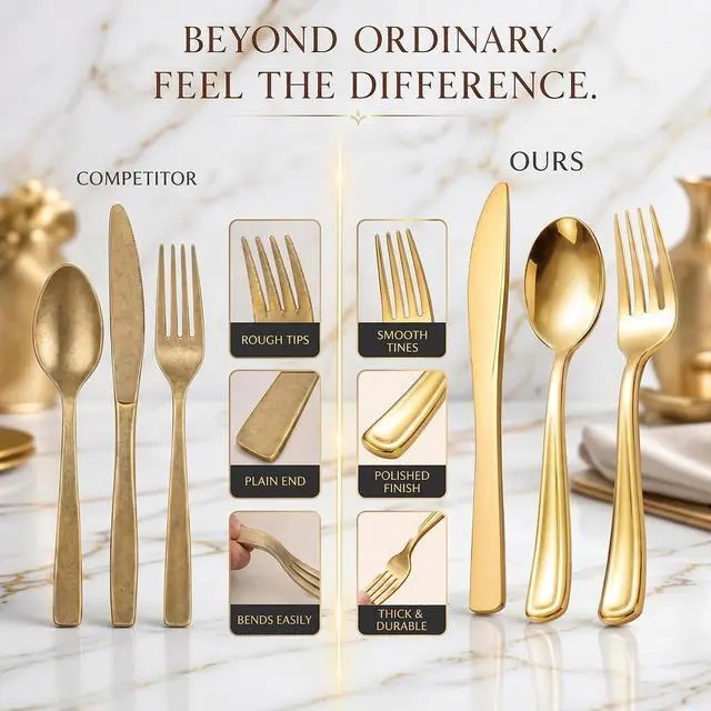 Alt view image 6 of 7 - 160 Pieces Gold Plastic Silverware - Heavy Duty Gold Plastic Utensils | Disposable Cutlery Set Includes 80 Forks, 40 Spoons, 40 Knives, Perfect for Party/Baby Shower/Wedding/Birthday