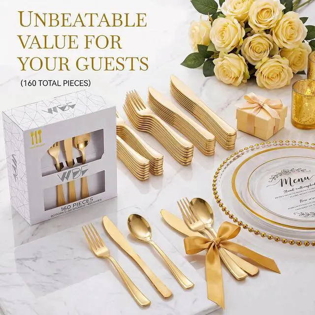 Alt view image 4 of 7 - 160 Pieces Gold Plastic Silverware - Heavy Duty Gold Plastic Utensils | Disposable Cutlery Set Includes 80 Forks, 40 Spoons, 40 Knives, Perfect for Party/Baby Shower/Wedding/Birthday