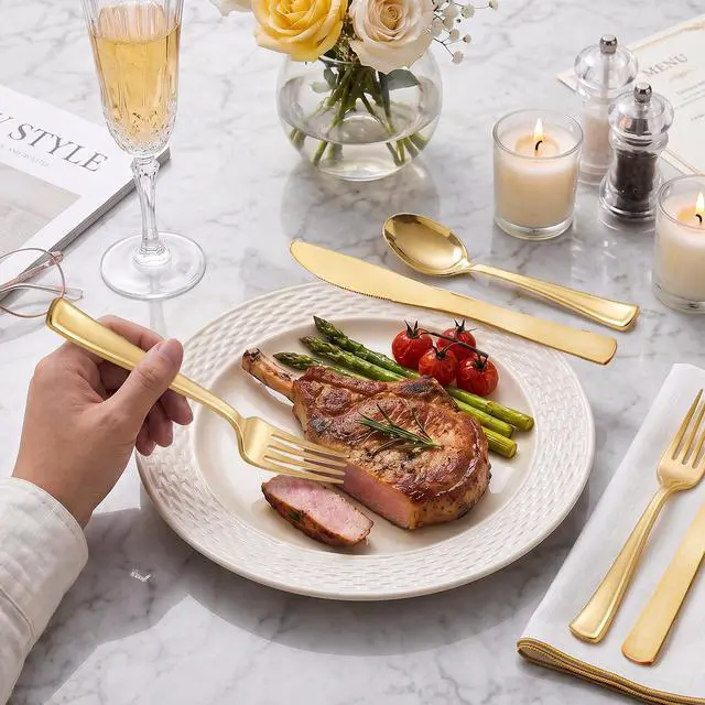 Alt view image 5 of 7 - 160 Pieces Gold Plastic Silverware - Heavy Duty Gold Plastic Utensils | Disposable Cutlery Set Includes 80 Forks, 40 Spoons, 40 Knives, Perfect for Party/Baby Shower/Wedding/Birthday