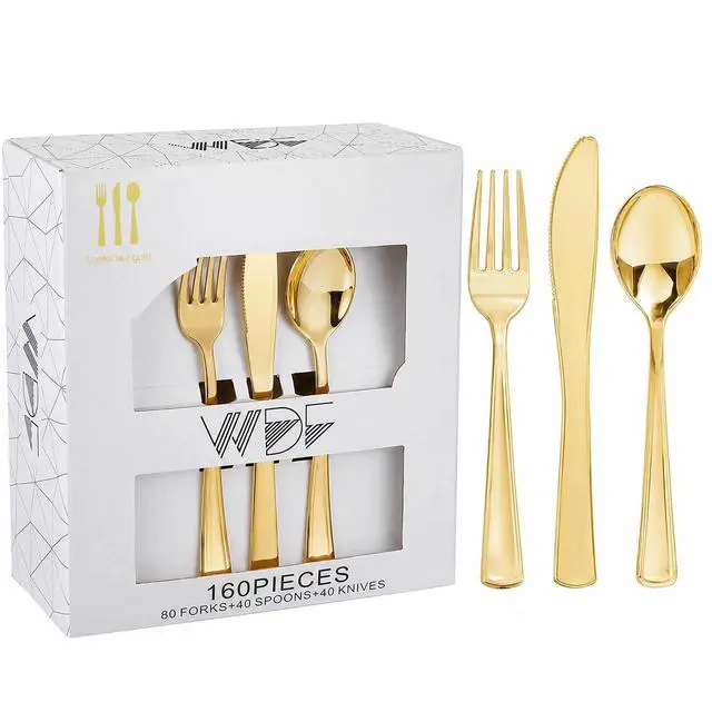 Main image of 160 Pieces Gold Plastic Silverware - Heavy Duty Gold Plastic Utensils | Disposable Cutlery Set Includes 80 Forks, 40 Spoons, 40 Knives, Perfect for Party/Baby Shower/Wedding/Birthday