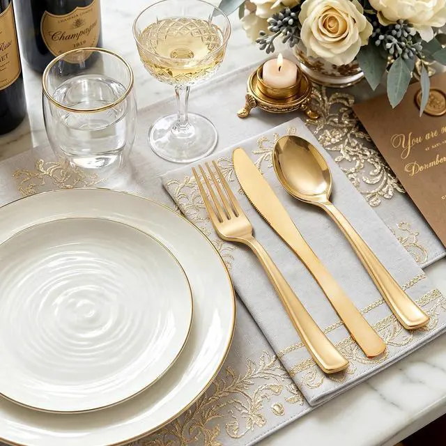 Alt view image 3 of 7 - 160 Pieces Gold Plastic Silverware - Heavy Duty Gold Plastic Utensils | Disposable Cutlery Set Includes 80 Forks, 40 Spoons, 40 Knives, Perfect for Party/Baby Shower/Wedding/Birthday