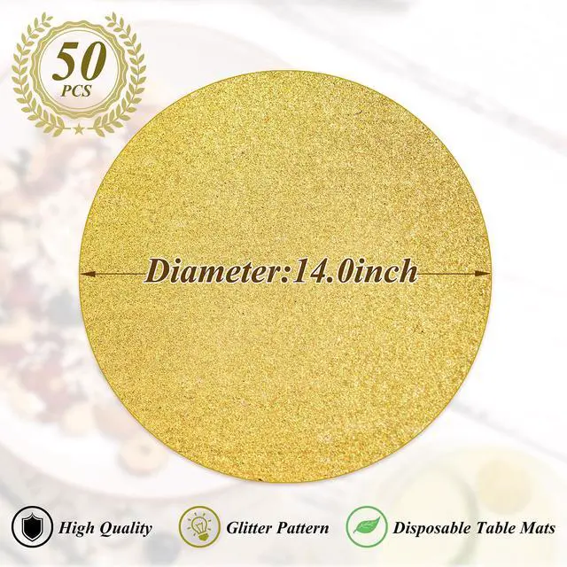 Alt view image 2 of 7 - 50 Pieces Gold Glitter Paper Place Mats Sparkle 14'' Round Disposable Table Mats Golden Sequin Doilies Decorative Placemats for Wedding Banquet Party Home Dining Tableware